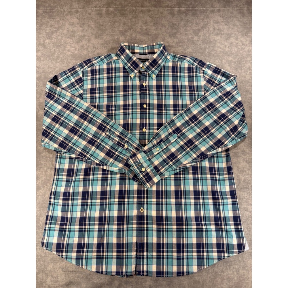 Nautica Mens XL Button Down Shirt Plaid Teal Blue Navy 80s Two-Ply Cotton #0051